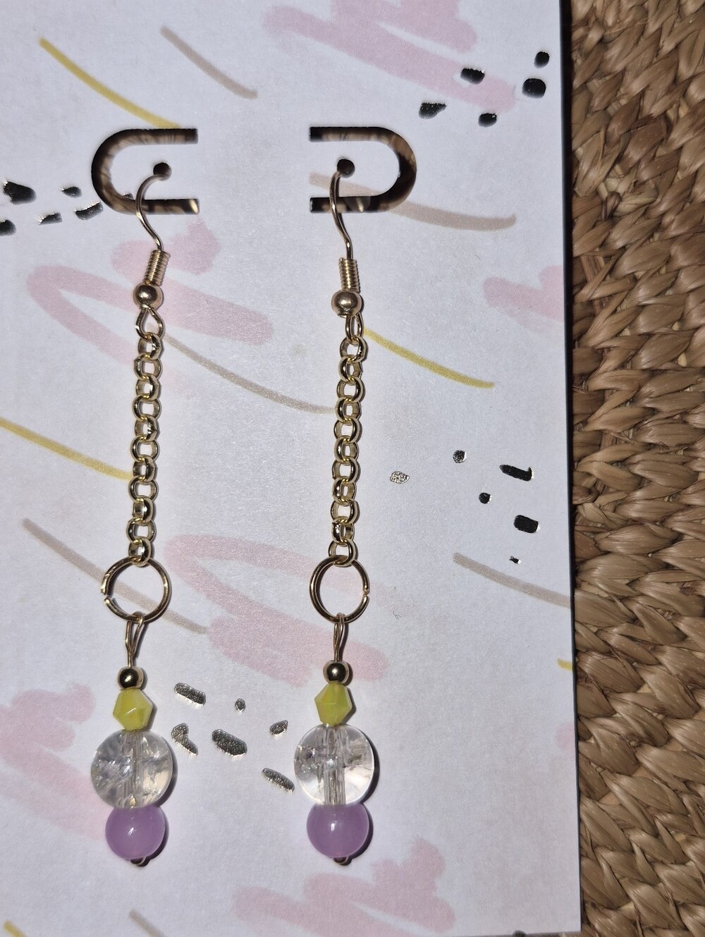 Gold Chain Drop Earrings with Purple and Yellow Beads